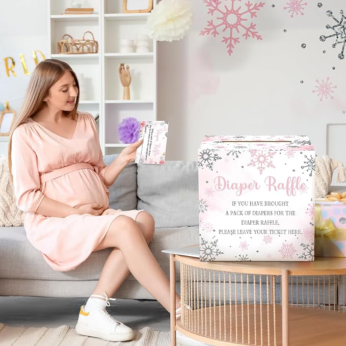 Teling 51 Pieces Diaper Raffle Tickets with Card Box Baby Shower Decorations Baby Shower Holder Box for Girl Boy Diaper Raffle Party(Pink Snowflake)