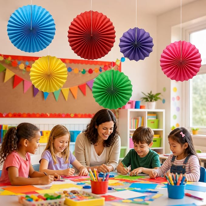 6 Pack Colorful Hanging Paper Fans, Round Pattern Paper Garlands Vibrant Fiesta Pinwheels for Birthday, Back to School Classroom Decor, Baby Shower, Graduation, Wedding Holiday Celebrations