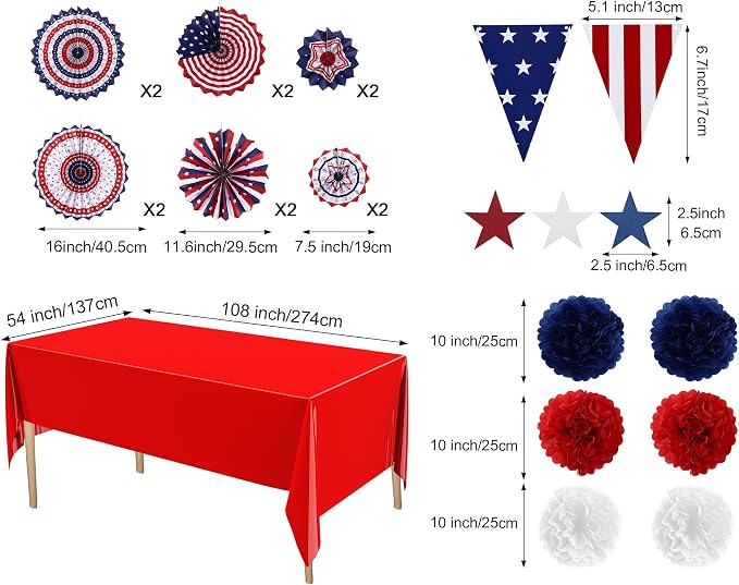 27 Pcs 250th Anniversary Party Decoration, 6 Pcs Disposable Tablecloth 21 Hanging Paper Fan, Pom Poms Flower, Garland String Polka Dot and Triangle Flag Set for 4th of July Patriotic Independence Day