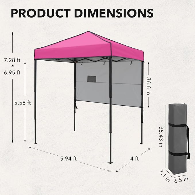 6x4 Pop Up Canopy Tent with Half Wall Panel, Instant Portable Beach Canopy, Outdoor Tent with Carry Bag for Camping, Sports, Tailgating, Events, Pink