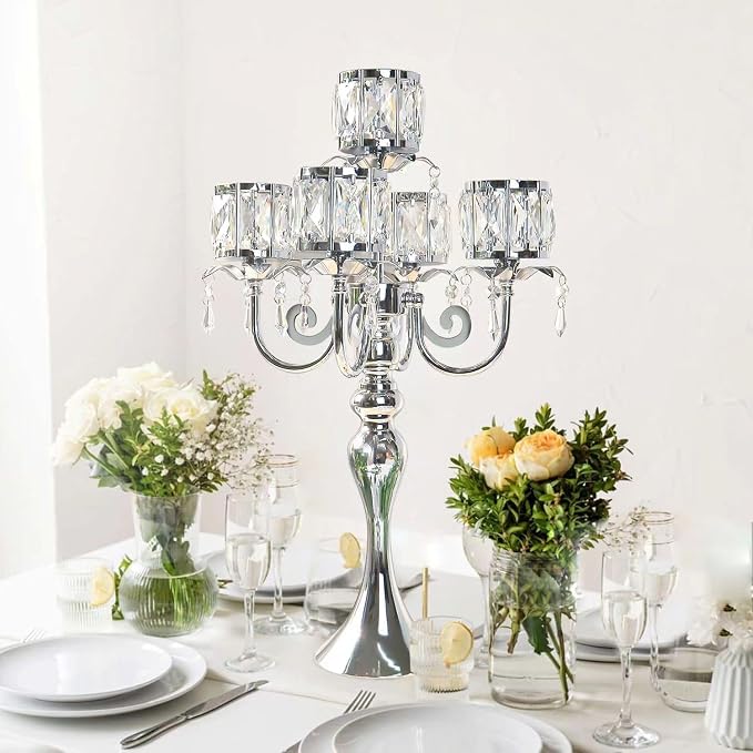 2 Pcs Silver 5 Arm Pendant Square Crystal Table Decor 22 inch Candle Holder, Classic and Elegant Table Centerpiece Atmosphere Candle Holders for Gift Wedding Party Home Decor