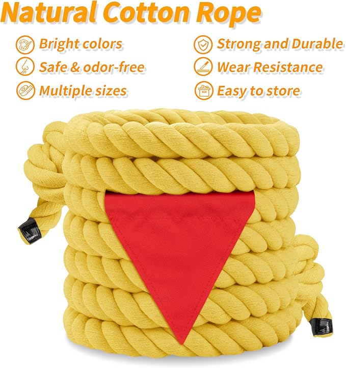 Tug of War Rope for Kids & Adults - 40ft Soft Cotton Outdoor Pulling Rope with Flag for Team Building Activities Field Day Family Reunions Birthday Parties Camping Games- Yellow