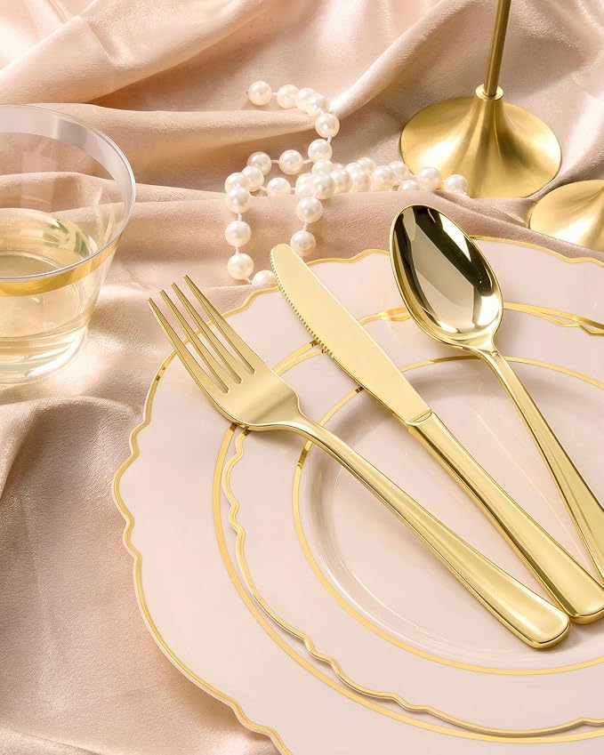 realluck 350 Piece Pink Plastic Dinnerware Set for 50 Guests Elegant Disposable Dinnerware for Weddings, Parties, 100 Plastic Plates, 50 Pre Rolled Napkins with Silverware, 50 Cups