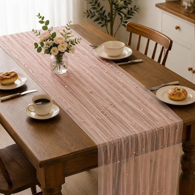 Pearl Pink Gauze Pearl Table Runner 120 Inch 10FT, Seasonal Sheer Dining Holiday Wedding Birthday Baby Shower Tulle Summer Table Decor for Home Party