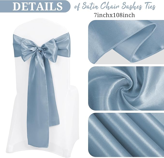 Pesonlook 120 PCS Dusty Blue Satin Chair Sashes Bows Satin Chair Sashes Universal Chair Cover for Wedding Reception Restaurant Event Decoration Banquet,Party,Hotel Event Decorations (7 x 108 inch)