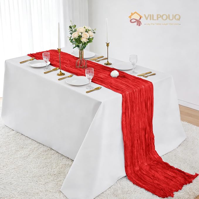 6 Pack Red Cheesecloth Table Runner 21x120 Inches, Boho Gauze Rustic Semi Sheer Cheese Cloth Table Runners for Easter Wedding Bridal Baby Shower, Birthday Party, Long Farmhouse Table Decor