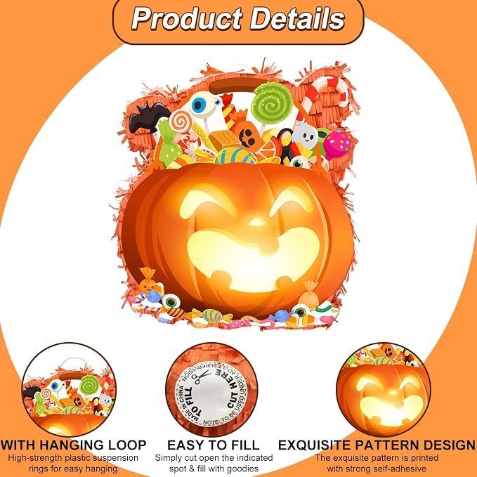 4 Pcs Fall Pumpkin Pinata Set, 14.5" x 14.5" Perfect for Thanksgiving Day or Halloween Party Decorations Activity Supplies with Stick for Autumn Fall Festival Celebrations