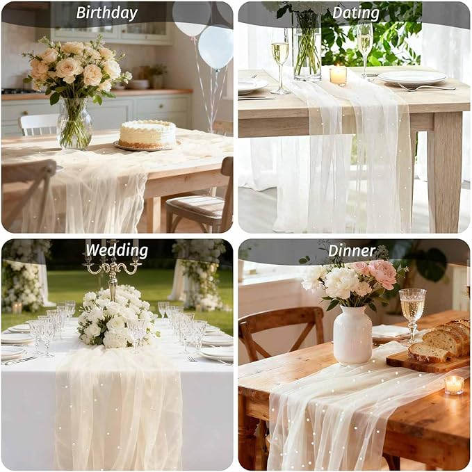 WELTRXE 6PCS Beige Pearl Table Runner 10ft, Boho Rustic Tulle Lace Table Runner 30x120 Inch for Wedding Decor Birthday Party Dining Table Cover, Champagne