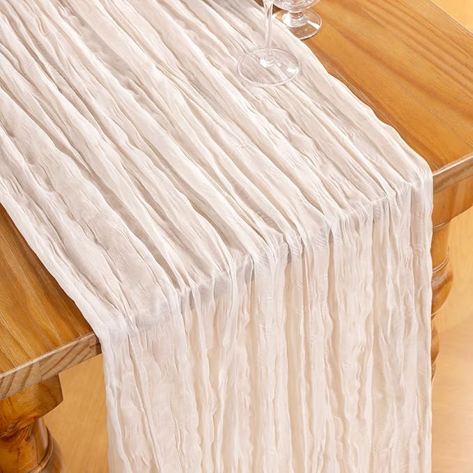 DeZerlor Ivory White Cheesecloth Table Runner 6 Pack Spring Easter Table Runners Boho Gauze 120 Inches White Cheese Cloth Table Decor for Wedding Bridal Baby Shower Parties