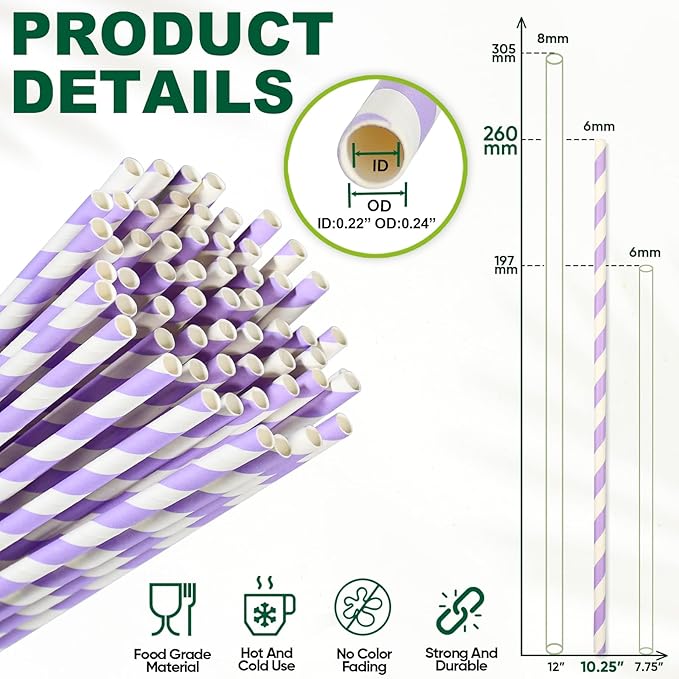 Compostable Paper Drinking Straws 10 Inch Long, for 20oz to 32oz Tumblers - Purple, Pack of 100
