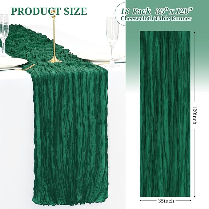 18 Pack Christmas Table Runner 10FT Dark Green Cheesecloth Table Runner Long Semi-Sheer Gauze Fabric Boho or Rustic Wedding Table Decor for Wedding Arch Draping Bridal Shower Baby Shower Party