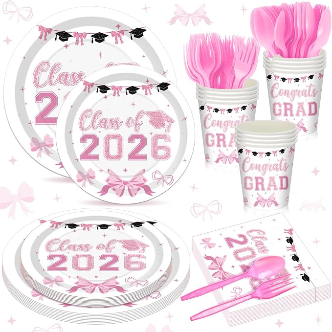 168 Pcs Pink Graduation Decorations Pink Bow Class of 2026 Party Supplies Serve 24 Coquette Graduation Plates, Napkins, Cutlery Set Congrats Grad Tableware Set Disposable Paper Plates Cups