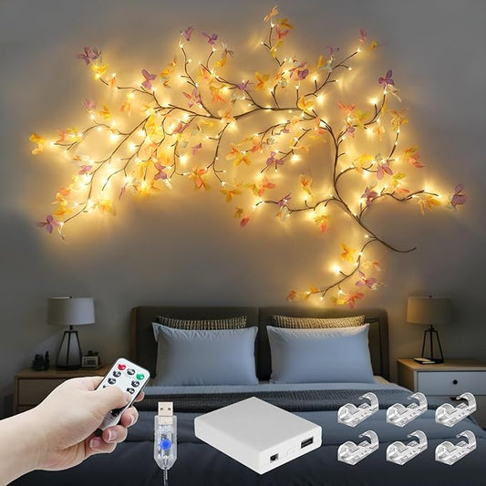 FNHMSL Butterfly Enchanted Willow Vine Lights, 4FT 48LED 3 Color Butterfly Blossom Tree Branch Lights for Wall with USB Battery Box, Remote Timer,8 Light Model, Bedroom Wall Doors Wedding, Christmas