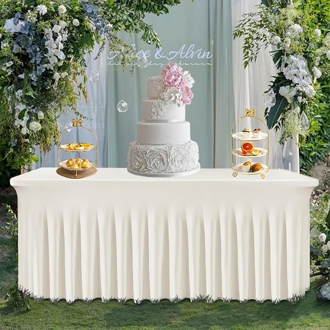 3 Pack White Table Skirt, Wrinkle-Free Spandex Table Covers 6ft, Elastic Fitted Washable Tablecloth for Rectangle Tables for Wedding, Banquet, Party, Events