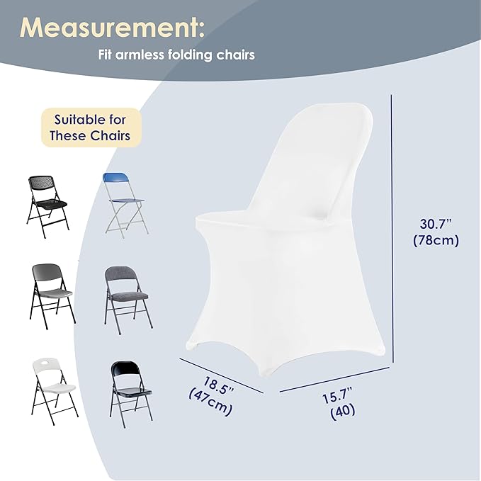 Craft And Party 50 Pack White Spandex Folding Chair Covers, Stretch Polyester Slipcovers for Wedding, Party & Dining Chairs – Flat Front Design, Universal Fit