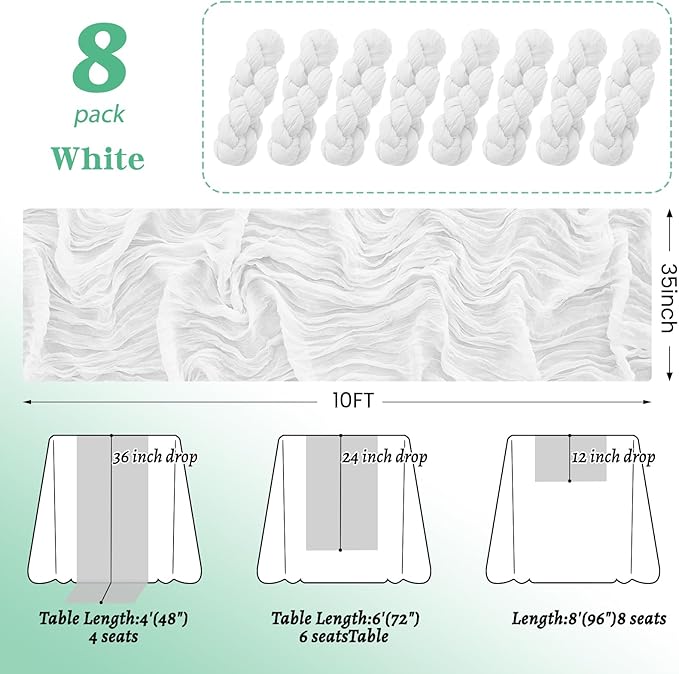 8Pack White Table Runner 10FT White Cheesecloth Table Runner 35x120Inch Long Boho Table Runners Rustic Gauze Table Runners for Party Wedding Bridal Shower Baby Shower Decorations