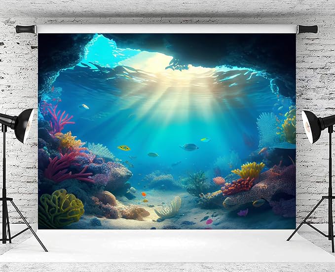5x3ft Under The Sea Backdrop Underwater Blue Ocean Fish Coral Photography Background Kids Birthday Baby Shower Party Banner Cake Table Decorations Supplies Photo Booth Props