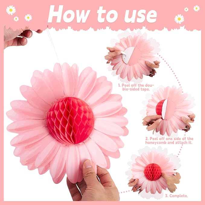 SUNBEAUTY Daisy Flower Hanging Decoration 9Pcs Pink and Yellow Daisy Honeycomb Paper Flower Decorations for Spring Summer Wall Birthday Wedding Classroom Backdrop Garden Tea Party Decor
