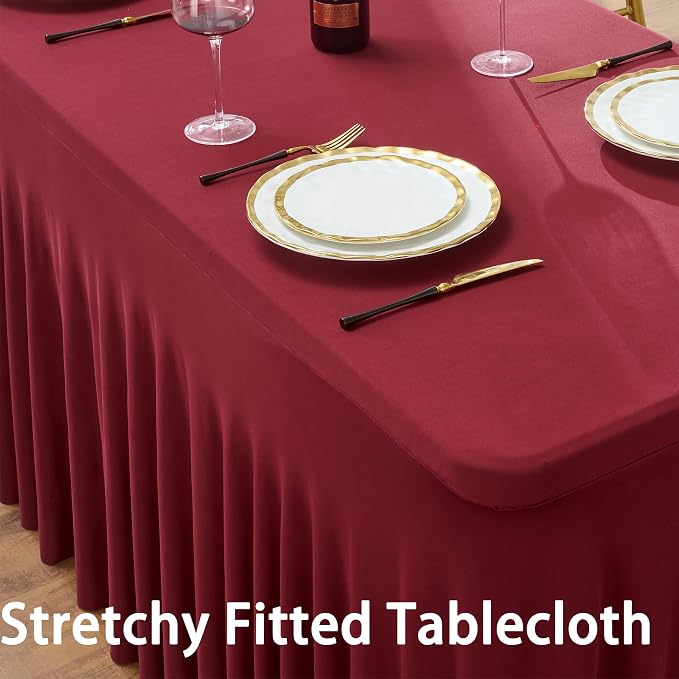 6 Pack Burgundy Spandex Tablecloth for 6 Foot Rectangle Tables, Wrinkle Free Fitted Table Cloth Cover 6ft Maroon Stretchy Tablecloths with Skirt for Parties Weddings Birthday Banquet Baby Shower
