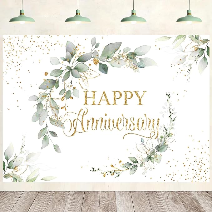InMemory Sage Green Happy Anniversary Banner, Greenery Wedding Anniversary Backdrop, Couple Cheers to Marriage Background, Eucalyptus Leaves Memorial Party Decorations 7x5ft