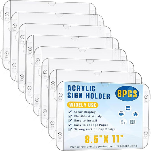 Handepo 8 Pack Acrylic Window Sign Holder 8.5 x 11 Inch with 4 Suction Cups Clear Frames Glass Door Mount Wall Signage for Office Restaurant Store Menu Display Home Notices (Vibrant Style)