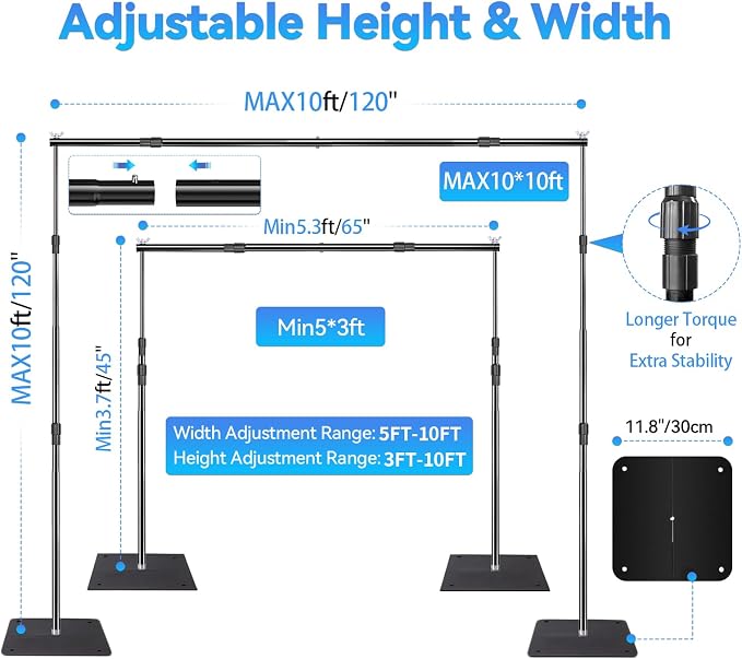 Heavy Backdrop Stand Kit, 10x10 ft Adjustable Photographic Background Stand Support System Kit, Suitable for Professional Photography, Wedding, Family Celebration, Party, Birthday