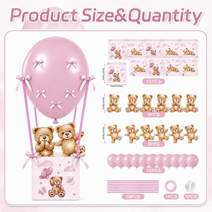 Cinrobiye 12 Sets Teddy Bear Baby Shower Centerpieces for Tables, Bear Favor Boxes with Balloons, Ribbons Paper Straws, DIY Table Decorations for Gender Reveal, Baby Shower, Birthday Party Supplies