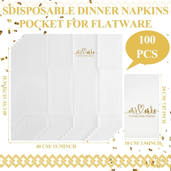 Panelee 100 Pcs Wedding Napkins with Built-in Flatware Pocket Mr and Mrs Personalized Napkins Linen Feel Disposable Dinner Supplies for Wedding Reception Bridal Shower Party Decor(Gold)