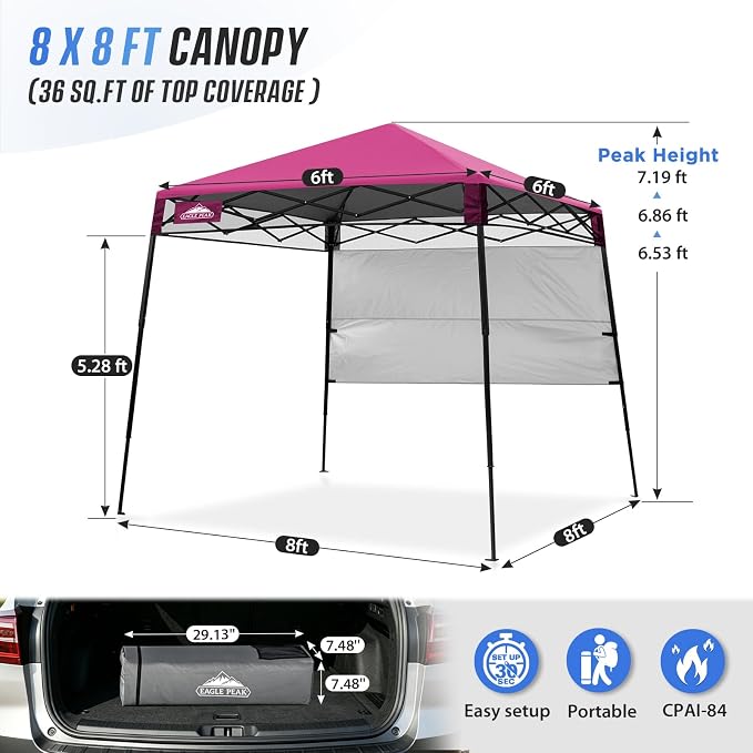 EAGLE PEAK 8x8 Pop Up Canopy Tent with Sidewall, Compact, Portable Slant Leg Instant Sun Shelter for Beach, Sports, & Camping, 8x8 Base 6x6 Top, Pink