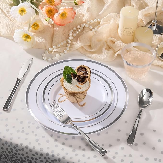 Goodluck 352 Piece Silver Plastic Dinnerware Set for 50 Guests, Disposable Plates for Party Include: 50 Dinner Plates 50 Dessert Plates, 50 Pre Rolled Napkins with Silverware, 50 Cups, 2 Tablecloth