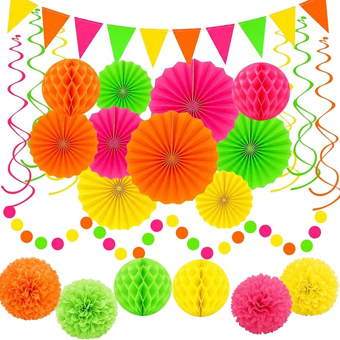 24 Pcs Neon Party Decorations Glow in the Dark Party Supplies | UV reactive fluorescent paper in pink, orange, yellow and green; paper fans, pom poms, honeycomb balls, banner and garland