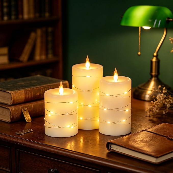 Da by 3 Pack Ivory Real Wax Flameless Taper Candles, Lifelike Flickering LED Flame Candles with Surrounding Copper String Lights, Soft Warm Battery Candles with Remote for Home Wedding Holiday Decor