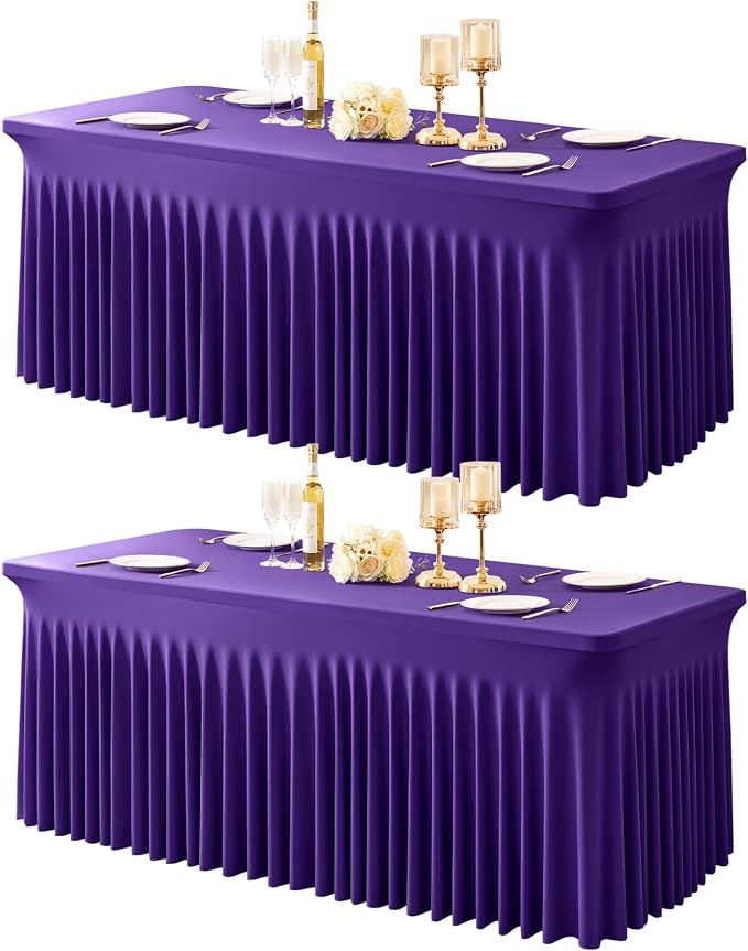 2 Packs Purple Table Clothes for 4 Foot Rectangle Tables, One-Piece Wrinkle Resistant Stretch Spandex Table Covers with Skirt for Event Banquet Wedding Birthday Party
