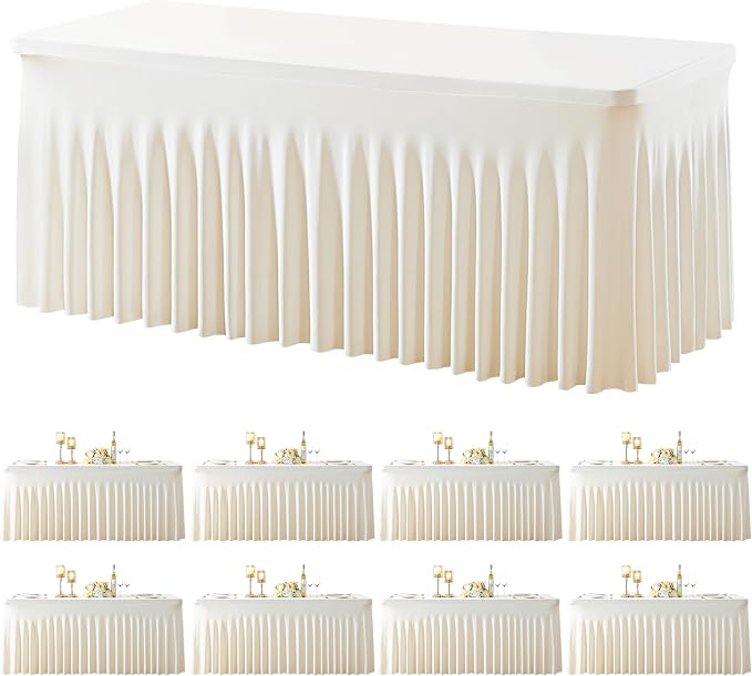 gogoparti 8 Pack Spandex Ivory Fitted Table Cloth for 6ft Rectangle Tables Ivory Stretch Tablecloth Banquet Table Covers Skirt Wrinkle Free Tablecloths for Parties Wedding
