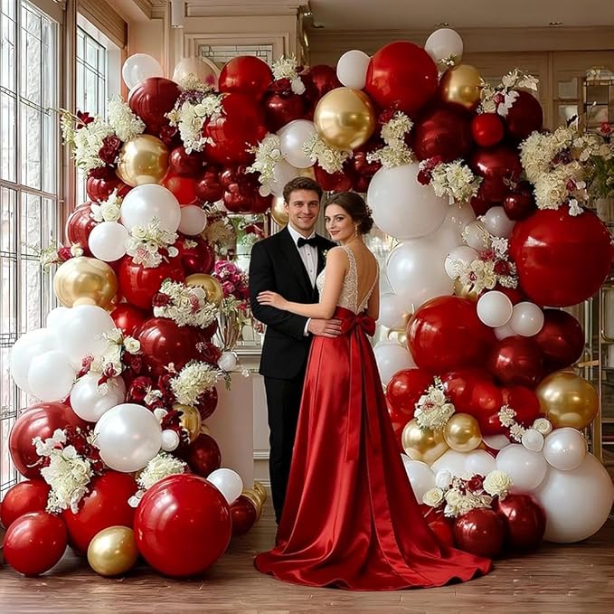 Red White Gold Balloon Arch Double Stuffed Burgundy Red Gold Pearl White Balloon Garland Kit Wine Latex Balloons for Mother's Day Birthday Wedding Engagement Graudation Party Decorations