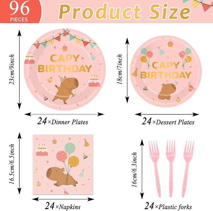 96 Pcs Pink Capy Birthday Party Decorations Cute Cartoon Capy Paper Tableware Set Pink Animals Theme Disposable Plates Napkins Forks for Kids Birthday Baby Shower Animal Party Supplies Serve 24 Guests