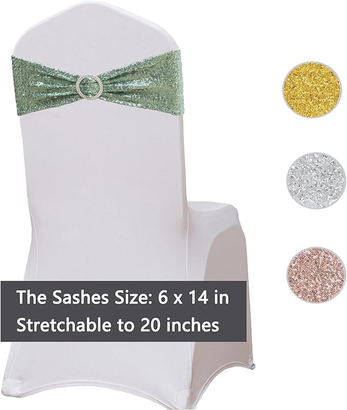 Sequin Sage Green Chair Sashes 50 Pack, Sage Chairs Bows for Party, Glitter Chair Bands with Silver Buckles for Wedding Banquets Birthday Anniversary Bridal Shower Events Decorations