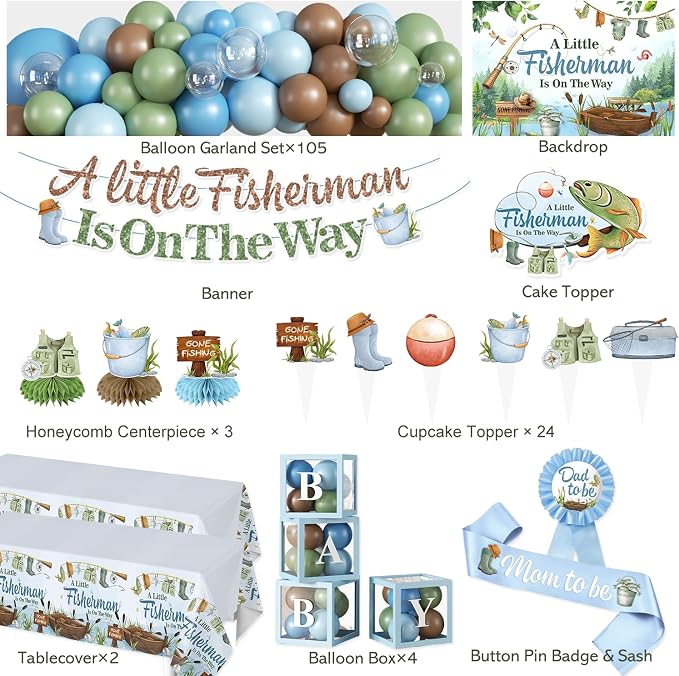Fishing Baby Shower Decorations for Boy, All-in-one Fishing Party Decorations Includes Banner, Backdrop, Gone Fishing Balloon Arch, Cake Toppers, Tablecloth, Fisherman Welcome Baby Party Decor