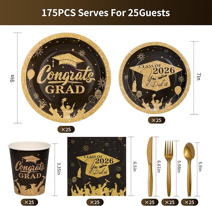 Goodluck Black & Gold 2026 Congrats Grad Disposable Tableware Sets, 175 PCS Graduation Party Supplies Include 9" & 7" Disposable Graduation Paper Plates, 9oz Cups, Napkins & Cutlery for 25 Guests