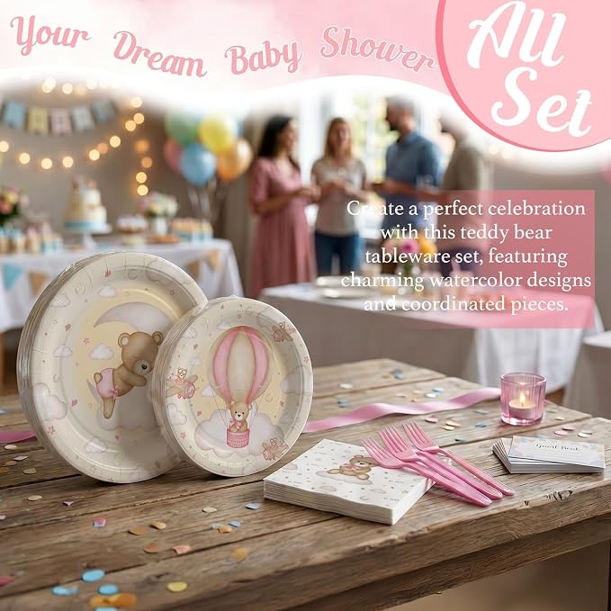Teddy Bear Baby Shower Plates and Napkins Set for Girl – We Can Bearly Wait Baby Shower Decorations – Serves 20, Paper Plates, Napkins – Bear Party Supplies Decorations Tableware for Birthday