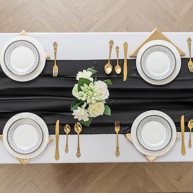12Pack 9ft Chiffon Table Runner 14x108 Inch Sheer Romantic Table Runner for Wedding Birthday Party Bridal Shower Outdoor Decoration-Black