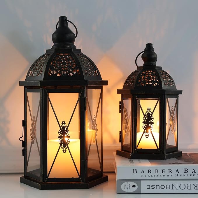 Large Lantern Decorative Outdoor & Indoor, Set of 2 (15’’&10’’) Metal Candle Lanterns Decor, Vintage Hanging Candle Holder for Front Porch Patio Wedding Farmhouse Home, Spring Decoration