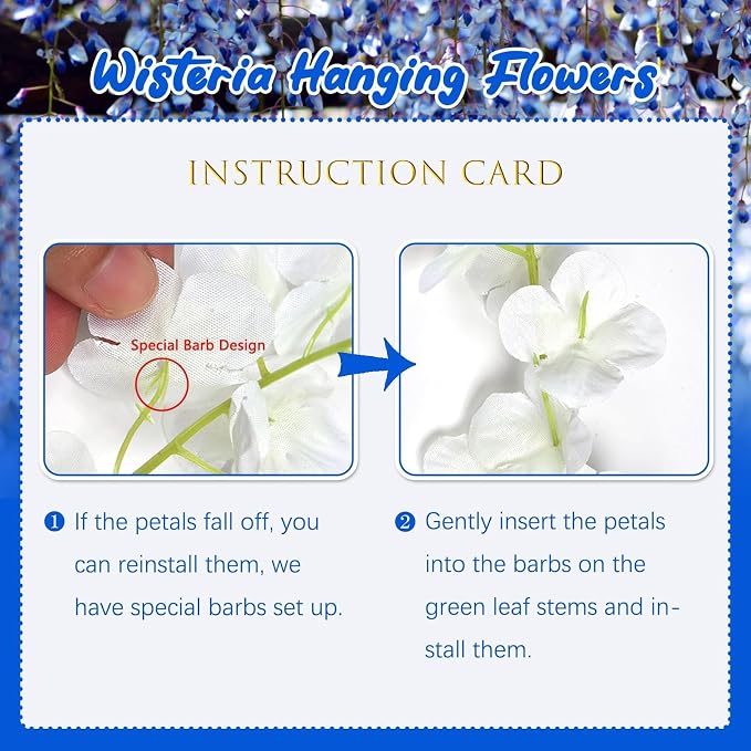 24 Pack Royal Blue Wisteria Hanging Flowers, 3.4 Ft Fake Hanging Flowers, Artificial Wisteria Garland Vines for Wedding Room Backdrop Outdoor Patio Garden Decoration