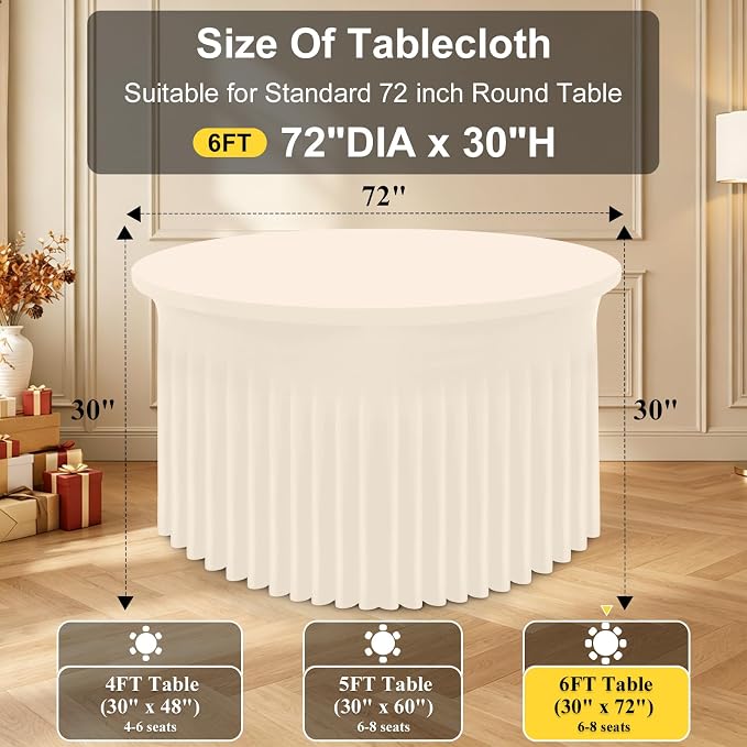 Smiry Round Spandex Tablecloth 2 Pack, Elastic Fitted Washable Tablecloths for 72 Round Tables, Waterpoof Stretch Table Cover Skirt for Outdoor, Wedding, Banquet & Parties, Beige