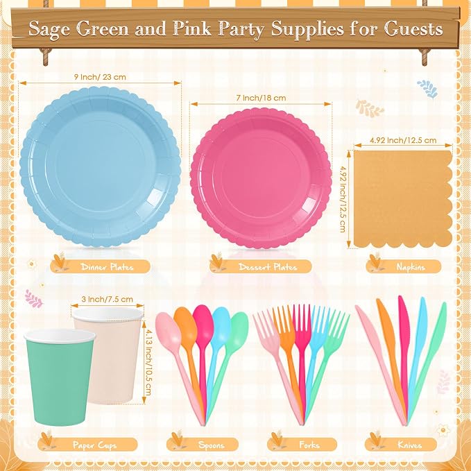 Zhehao 350 Pcs Candy Colors Party Supplies Serve 50 Colorful Pastel Disposable Tableware Kit with Plates, Cups, Napkins, Cutlery for Baby Shower, Birthday, Wedding