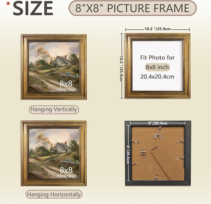 8x8 Picture Frame - Vintage Gold Picture Frames for Tabletop & Wall Mount, 8 x 8 Photo Frame for Living Room, Bedroom, Office Décor & Gift Wedding Anniversary Housewarming