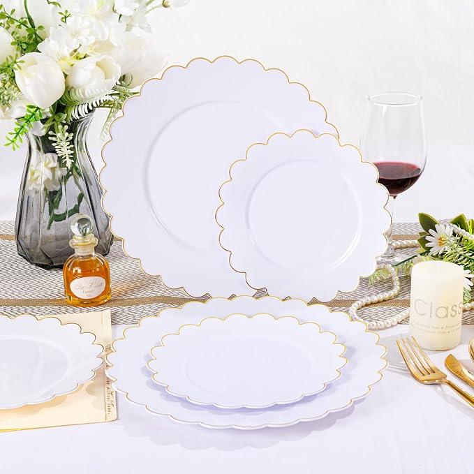 LIYH 60 Pcs White Plastic Plates with Gold Rim, Scalloped Disposable Combo Heavy-Duty Patriotic Plates Includes 30 Dessert Platos & 30 Dinner Platos for Birthday Wedding Party