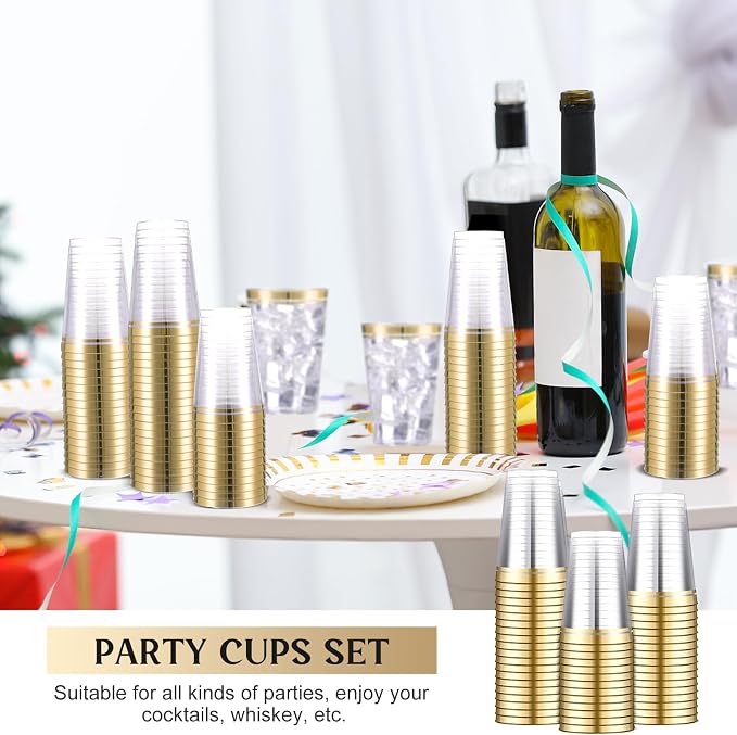 Sliner 50 Pcs Hard Plastic Cups Double Rimmed Plastic Cups Heavy Duty Fancy Wine Glasses for Holiday Christmas New Year Winter Birthday Party Supplies(12 Oz,Gold)