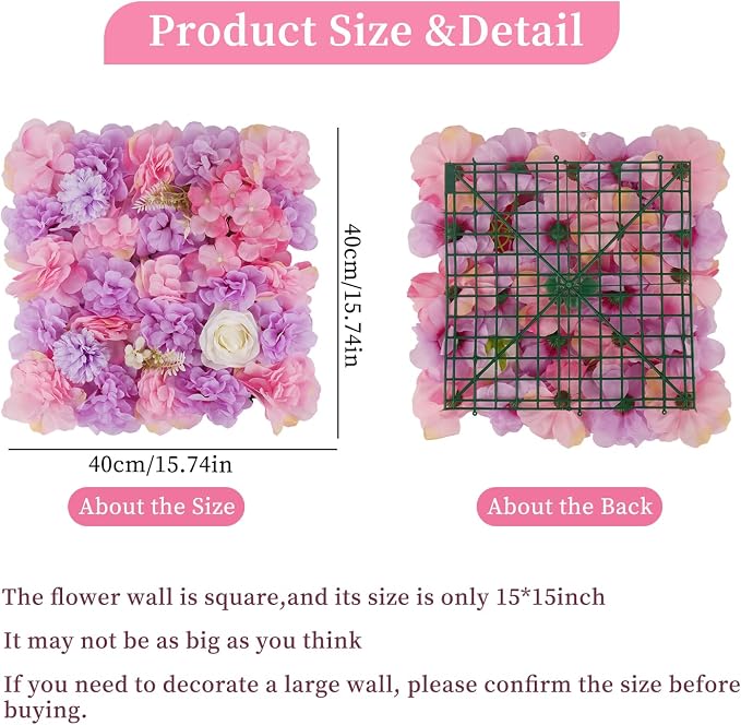 3D Flower Wall Backdrop - 12Pcs 15×15 Inch Artificial Rose Panels Pink & Purple Silk Floral Decor for Home Party Wedding Anniversary Birthday Photographic Studio Background & Decorative Fences