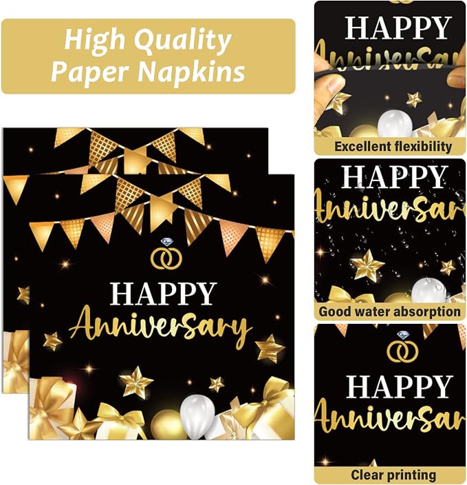 chiazllta 96 Pcs Anniversary Party Paper Plate and Napkins Gold Black Disposable Tableware Wedding Anniversary Party Supplies for 40th 50th 60th Wedding Favors 24 Guests